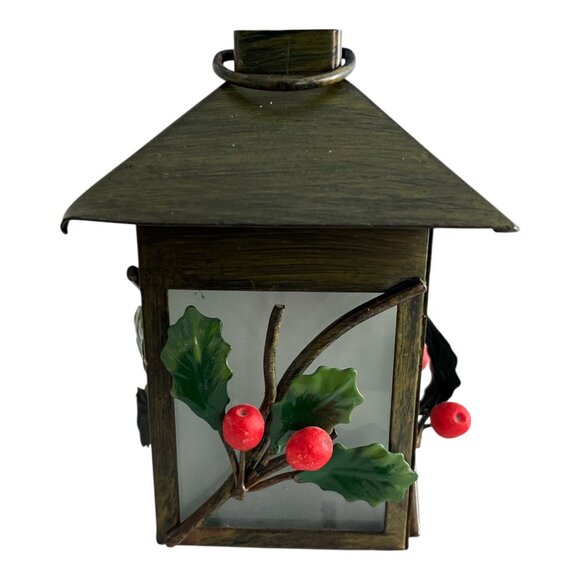 Vintage Holiday Lantern with Holly & Berry Accents – Metal & Frosted Glass - Picture 4 of 6